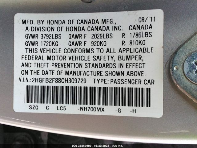 Photo 8 VIN: 2HGFB2F88CH309729 - HONDA CIVIC 