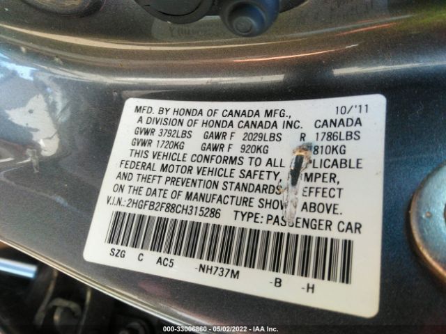 Photo 8 VIN: 2HGFB2F88CH315286 - HONDA CIVIC SDN 