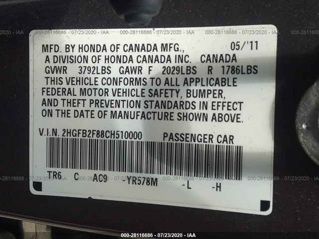 Photo 8 VIN: 2HGFB2F88CH510000 - HONDA CIVIC SDN 