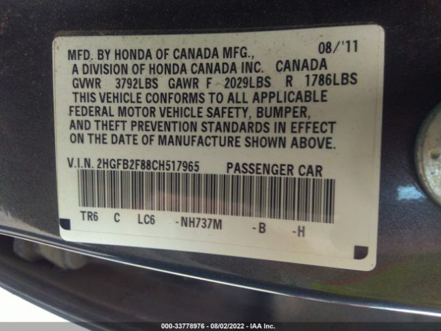 Photo 8 VIN: 2HGFB2F88CH517965 - HONDA CIVIC SDN 