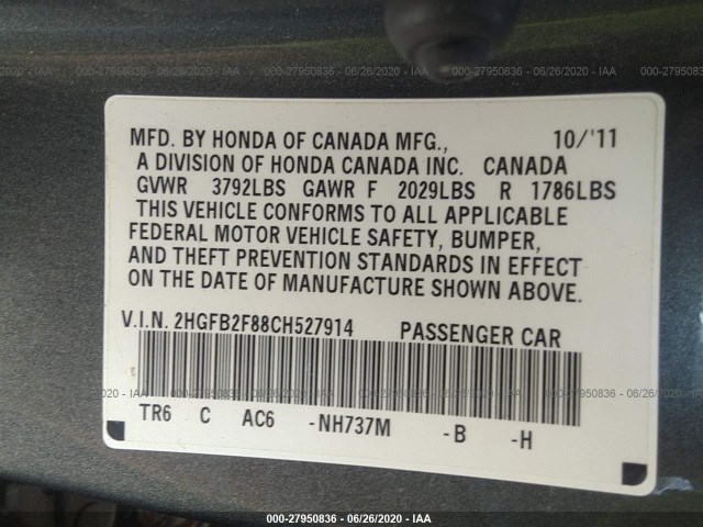 Photo 8 VIN: 2HGFB2F88CH527914 - HONDA CIVIC SDN 