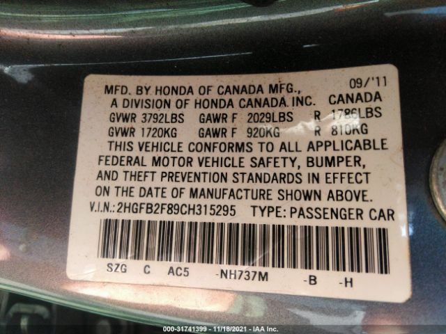 Photo 8 VIN: 2HGFB2F89CH315295 - HONDA CIVIC SDN 