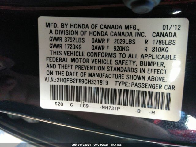 Photo 8 VIN: 2HGFB2F89CH331819 - HONDA CIVIC SDN 