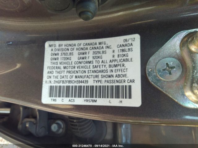 Photo 8 VIN: 2HGFB2F89CH594439 - HONDA CIVIC SDN 