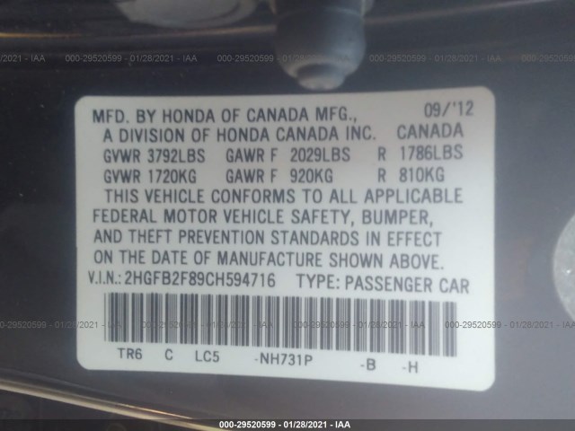 Photo 8 VIN: 2HGFB2F89CH594716 - HONDA CIVIC SDN 