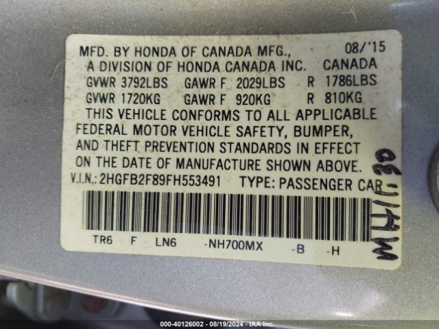 Photo 8 VIN: 2HGFB2F89FH553491 - HONDA CIVIC 