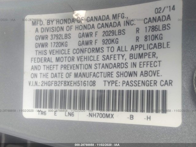 Photo 8 VIN: 2HGFB2F8XEH516108 - HONDA CIVIC SEDAN 