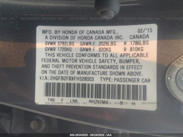 Photo 8 VIN: 2HGFB2F8XFH528003 - HONDA CIVIC SEDAN 