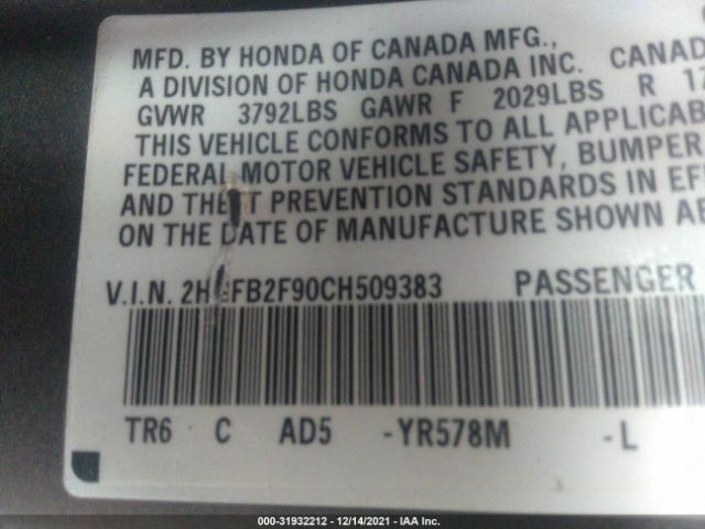 Photo 8 VIN: 2HGFB2F90CH509383 - HONDA CIVIC SDN 