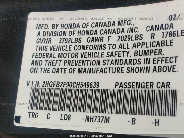 Photo 8 VIN: 2HGFB2F90CH549639 - HONDA CIVIC SDN 