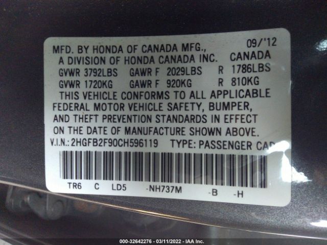 Photo 8 VIN: 2HGFB2F90CH596119 - HONDA CIVIC SDN 