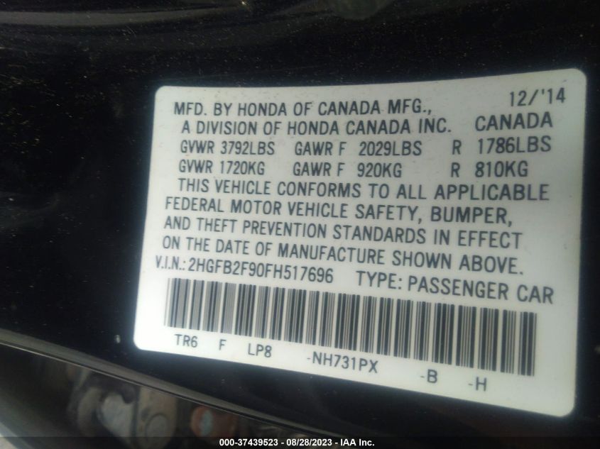 Photo 8 VIN: 2HGFB2F90FH517696 - HONDA CIVIC 