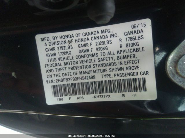 Photo 8 VIN: 2HGFB2F90FH542498 - HONDA CIVIC 