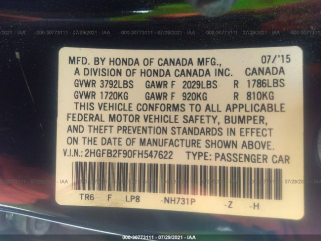 Photo 8 VIN: 2HGFB2F90FH547622 - HONDA CIVIC SEDAN 