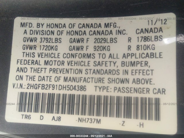 Photo 8 VIN: 2HGFB2F91DH504386 - HONDA CIVIC SDN 