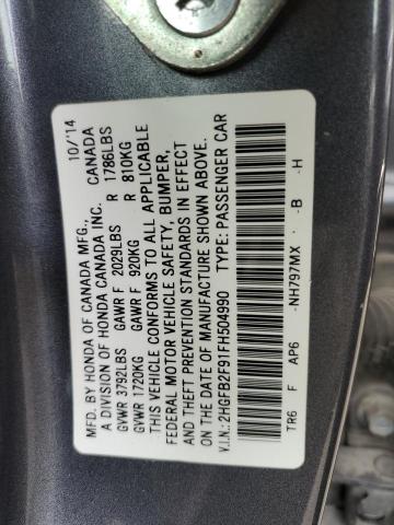 Photo 11 VIN: 2HGFB2F91FH504990 - HONDA CIVIC EXL 