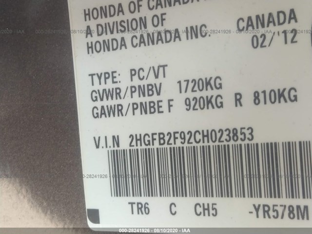 Photo 8 VIN: 2HGFB2F92CH023853 - HONDA CIVIC SDN 