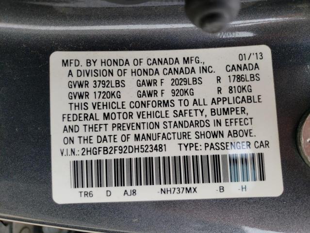 Photo 11 VIN: 2HGFB2F92DH523481 - HONDA CIVIC EXL 