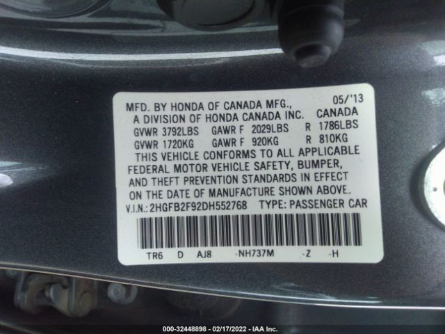 Photo 8 VIN: 2HGFB2F92DH552768 - HONDA CIVIC SDN 