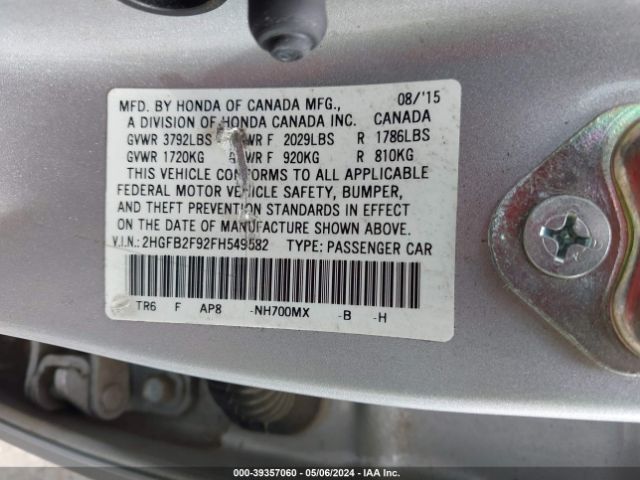 Photo 8 VIN: 2HGFB2F92FH549582 - HONDA CIVIC 