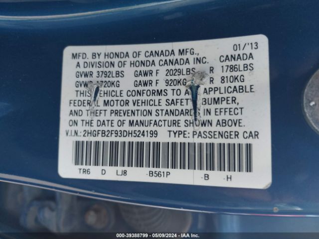 Photo 8 VIN: 2HGFB2F93DH524199 - HONDA CIVIC 