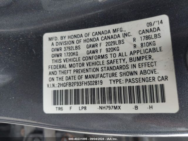 Photo 8 VIN: 2HGFB2F93FH502819 - HONDA CIVIC 