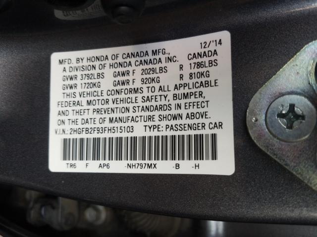 Photo 9 VIN: 2HGFB2F93FH515103 - HONDA CIVIC EXL 