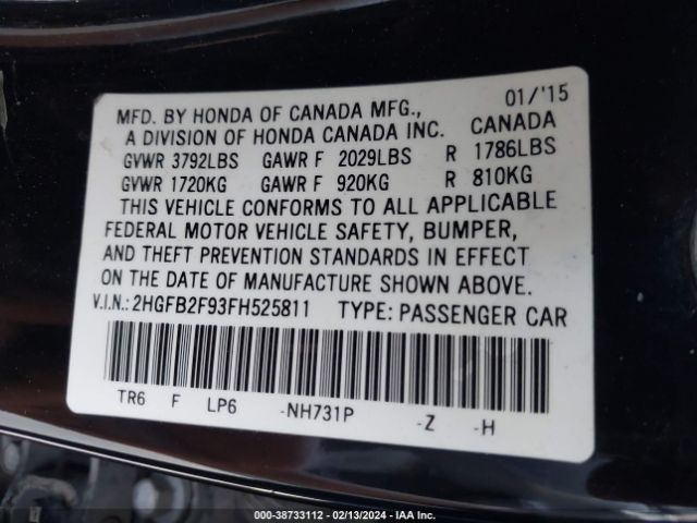 Photo 8 VIN: 2HGFB2F93FH525811 - HONDA CIVIC 