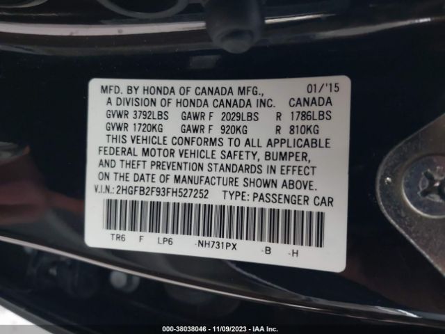 Photo 8 VIN: 2HGFB2F93FH527252 - HONDA CIVIC SEDAN 