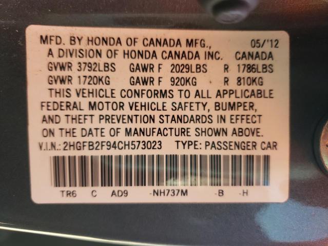 Photo 9 VIN: 2HGFB2F94CH573023 - HONDA CIVIC EXL 