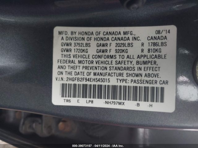 Photo 8 VIN: 2HGFB2F94EH545015 - HONDA CIVIC 