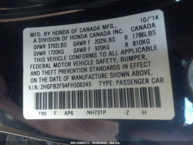 Photo 8 VIN: 2HGFB2F94FH506345 - HONDA CIVIC SEDAN 