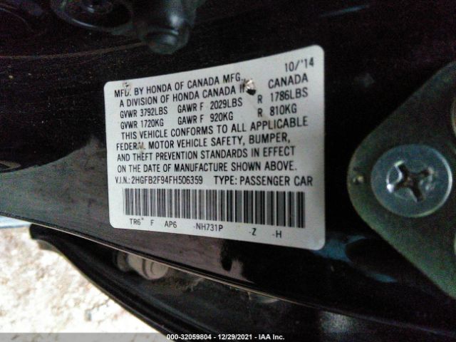 Photo 8 VIN: 2HGFB2F94FH506359 - HONDA CIVIC SEDAN 