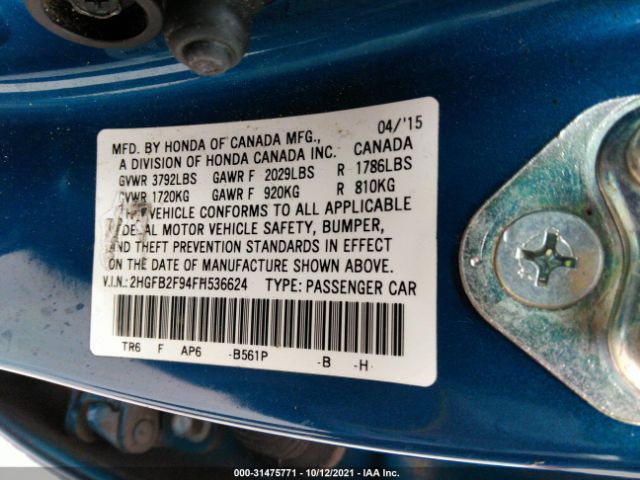 Photo 8 VIN: 2HGFB2F94FH536624 - HONDA CIVIC SEDAN 