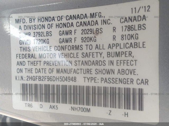 Photo 8 VIN: 2HGFB2F96DH504948 - HONDA CIVIC SDN 