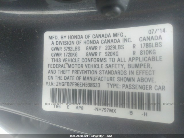 Photo 8 VIN: 2HGFB2F96EH538633 - HONDA CIVIC SEDAN 