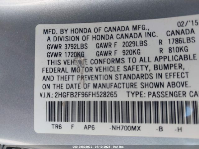 Photo 8 VIN: 2HGFB2F96FH528265 - HONDA CIVIC 