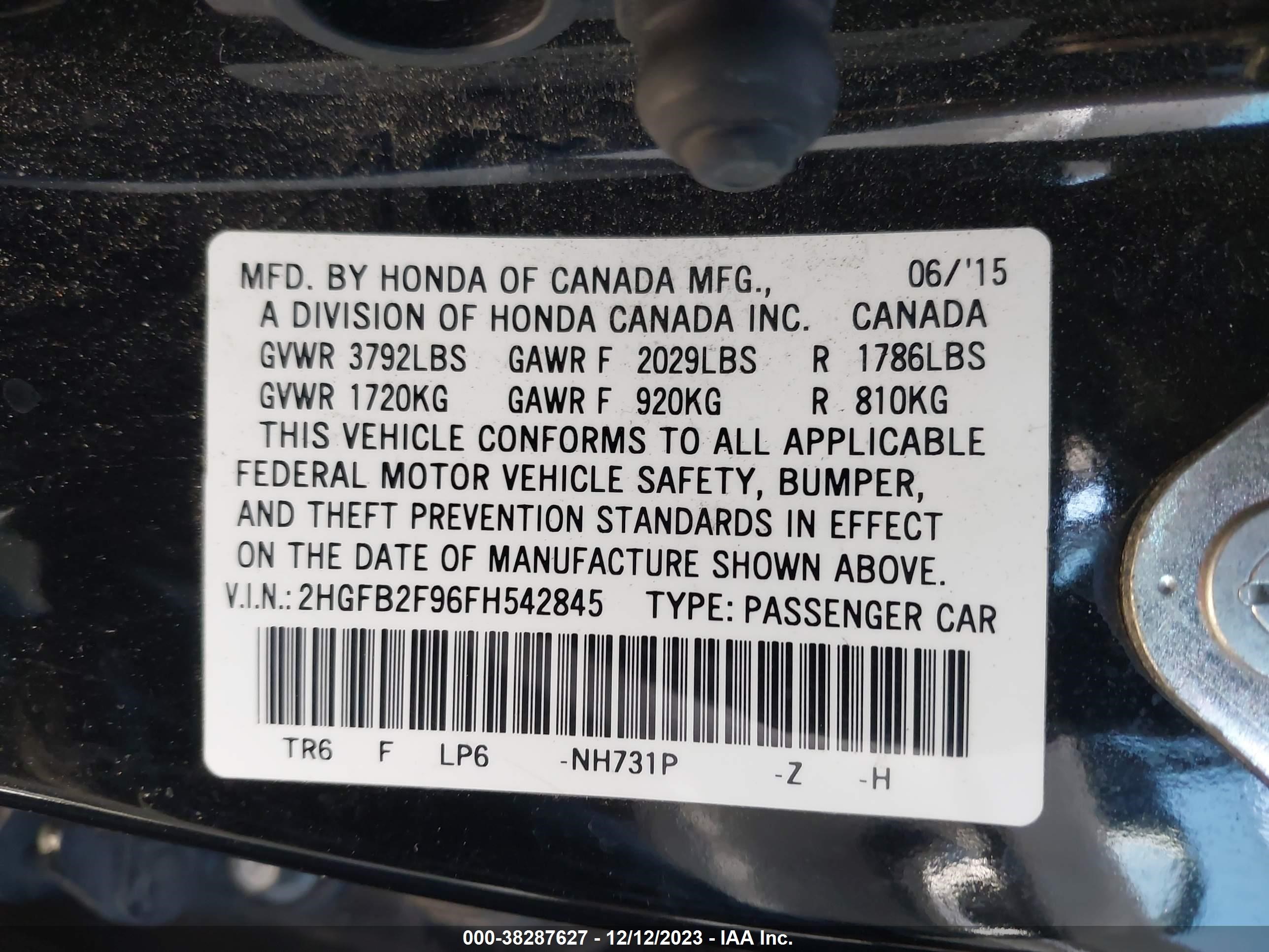 Photo 8 VIN: 2HGFB2F96FH542845 - HONDA CIVIC 