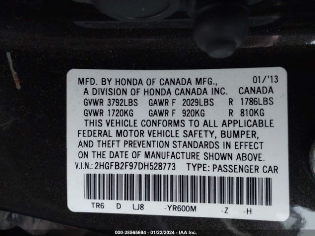 Photo 8 VIN: 2HGFB2F97DH528773 - HONDA CIVIC 