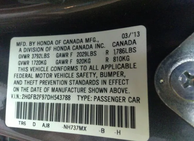 Photo 8 VIN: 2HGFB2F97DH543788 - HONDA CIVIC SDN 