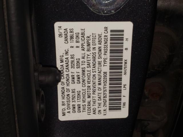 Photo 9 VIN: 2HGFB2F97FH503908 - HONDA CIVIC EXL 