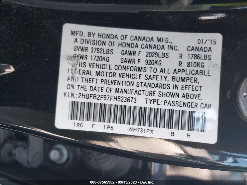 Photo 8 VIN: 2HGFB2F97FH523673 - HONDA CIVIC 