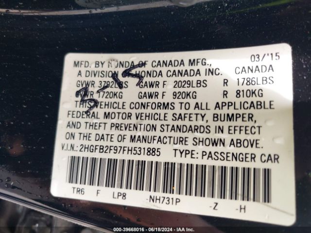 Photo 8 VIN: 2HGFB2F97FH531885 - HONDA CIVIC 