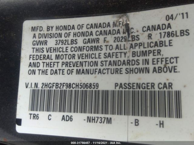 Photo 8 VIN: 2HGFB2F98CH506859 - HONDA CIVIC SDN 