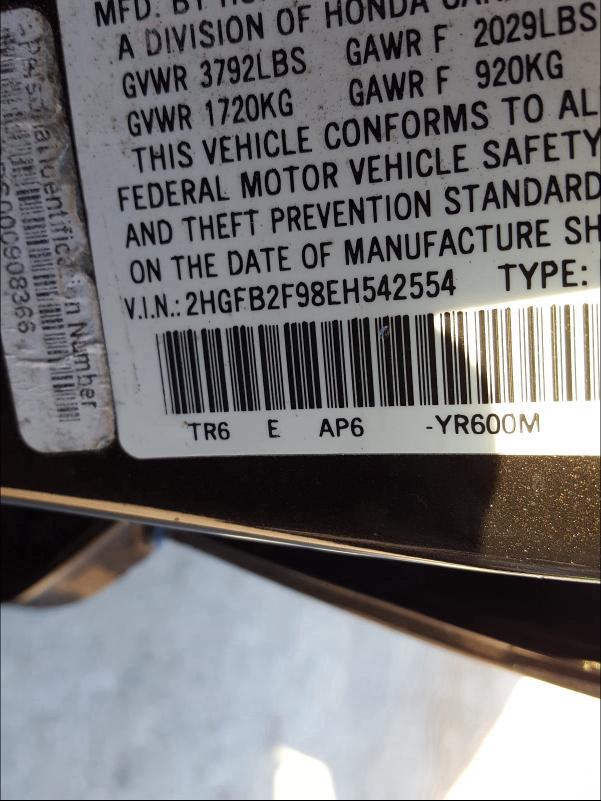 Photo 9 VIN: 2HGFB2F98EH542554 - HONDA CIVIC EXL 