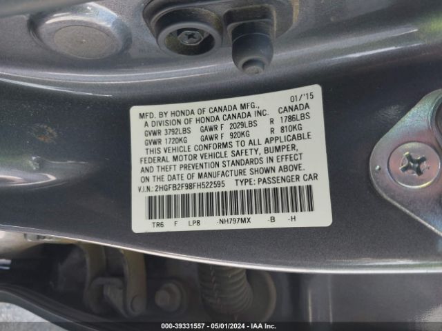 Photo 8 VIN: 2HGFB2F98FH522595 - HONDA CIVIC 