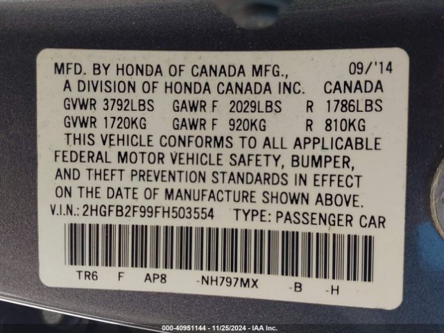 Photo 8 VIN: 2HGFB2F99FH503554 - HONDA CIVIC 