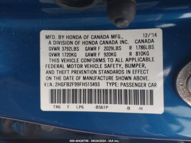 Photo 8 VIN: 2HGFB2F99FH515493 - HONDA CIVIC 