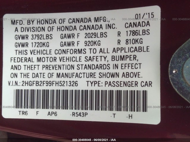 Photo 8 VIN: 2HGFB2F99FH521326 - HONDA CIVIC SEDAN 