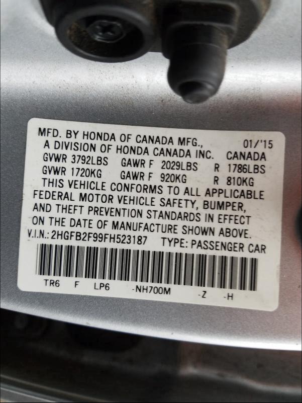 Photo 9 VIN: 2HGFB2F99FH523187 - HONDA CIVIC EXL 